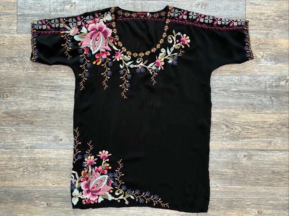 Johnny Was Embroidered Tunic Shift Dress Short Sleeve Sheer Floral Pattern Small